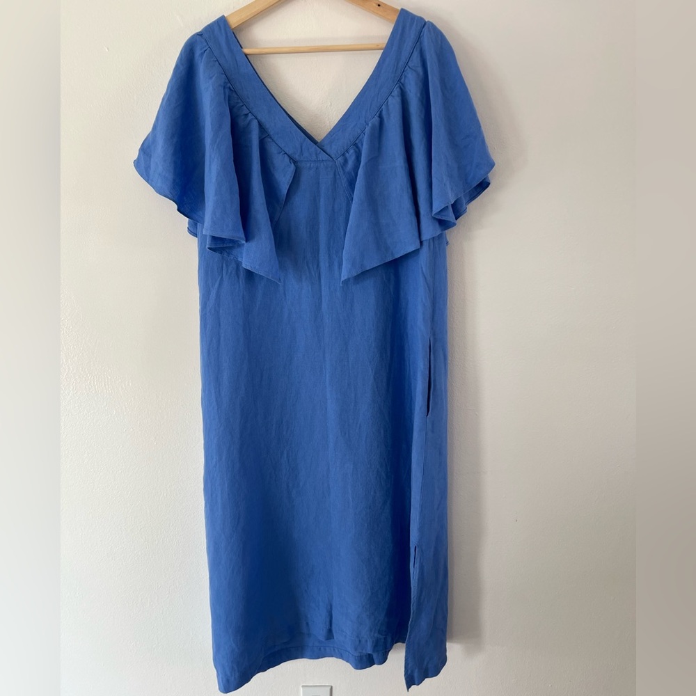 Sauths Blue 100% Linen V-Neck Ruffle Collar Midi Dress Size XS/S NWT‎